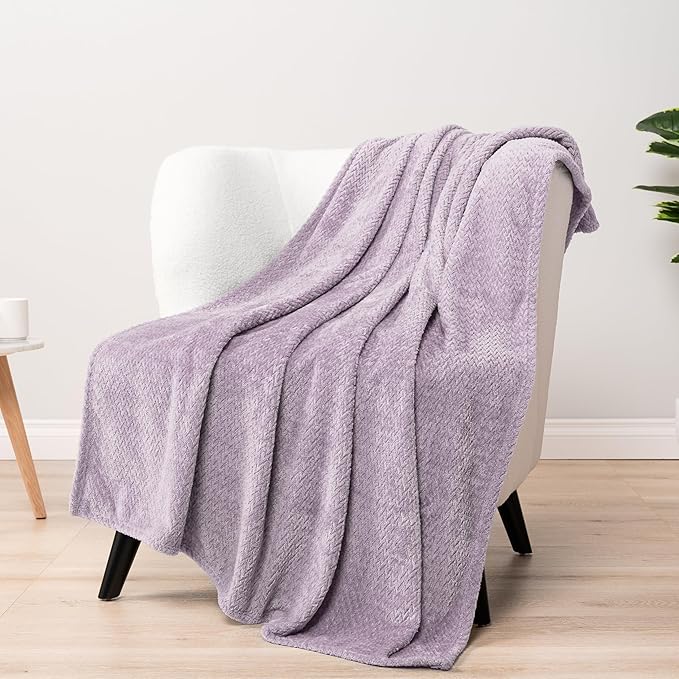 PAVILIA Soft Fleece Lavender Lilac Throw Blanket for Couch, Lightweight Plush Warm Blankets for Bed, Fuzzy Cozy Flannel Blanket Throw for Sofa, Travel, Jacquard Pattern, Light Purple, Twin, 60x80 inch