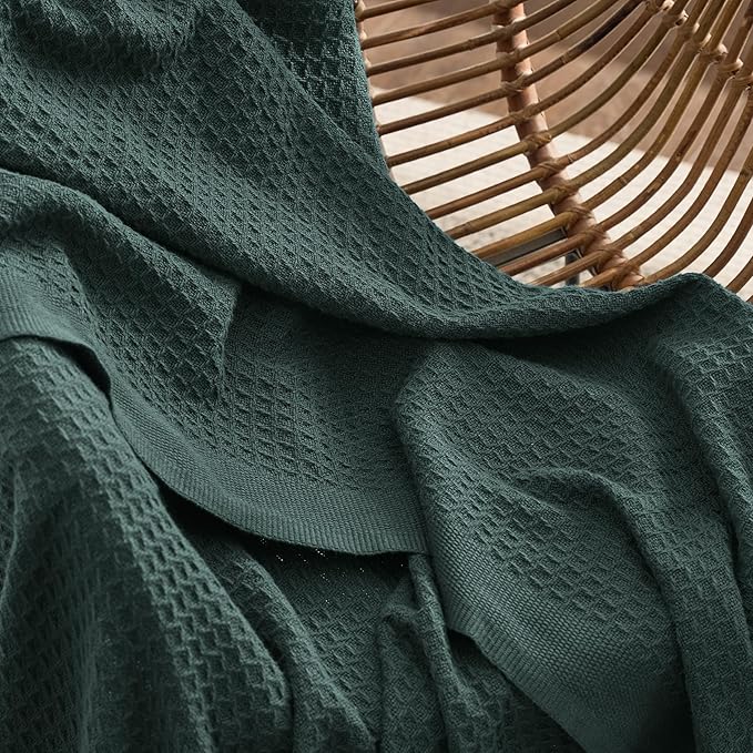Bedsure 100% Cotton Blanket King Size for Bed - Breathable and Soft, Waffle Weave Blanket for Summer Spring, Dark Green, 104x90 inches