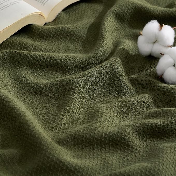 Bedsure 100% Cotton Blanket Queen Size for Bed - Breathable and Lightweight, Soft Cozy Textured Herringbone Woven Blanket for Summer Spring, Olive Green, 90x90 inches
