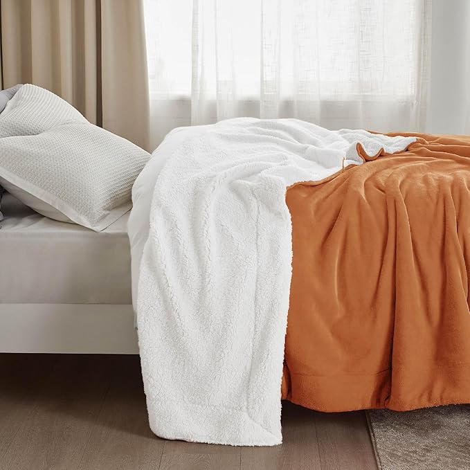 Bedsure Sherpa Fleece Blankets King Size for Bed - Thick and Warm, Soft Fuzzy Plush King Blanket for Winter, Burnt Orange, 108x90 Inches