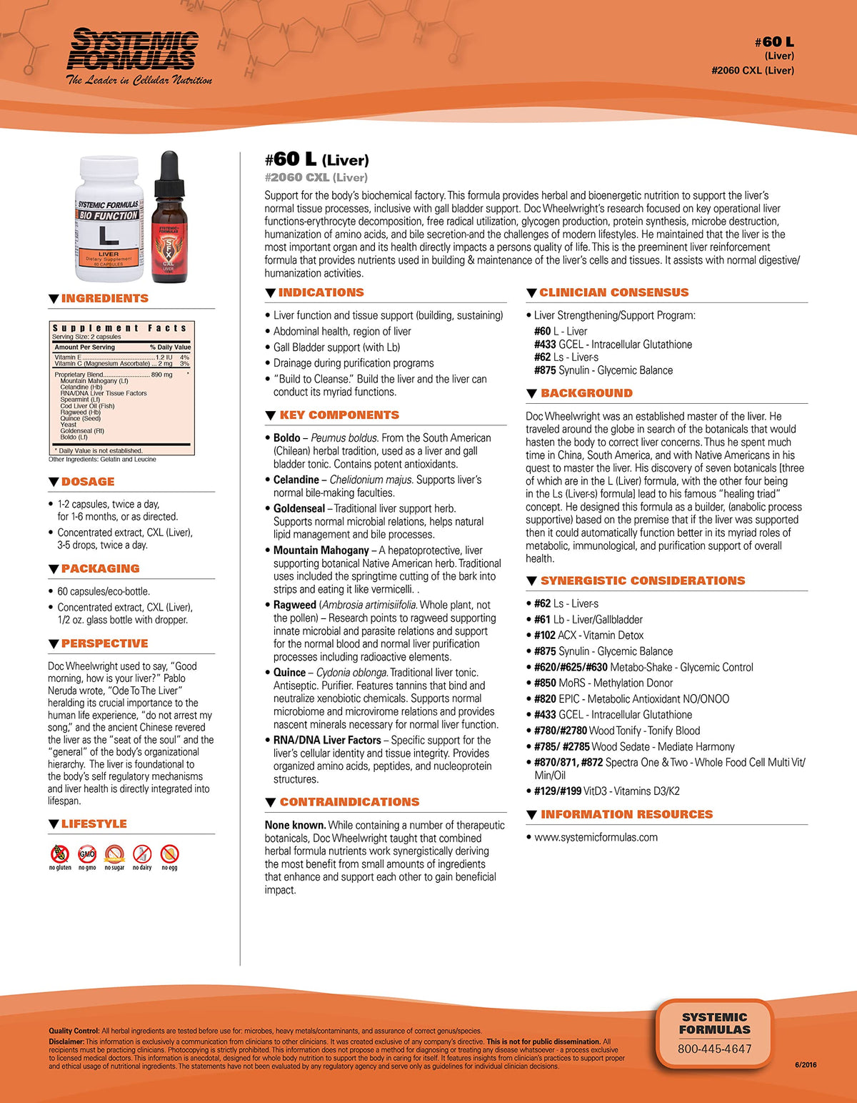 Systemic Formulas L - Liver 60 Capsules Bio Function #60. Liver Support, Gall Bladder Support.