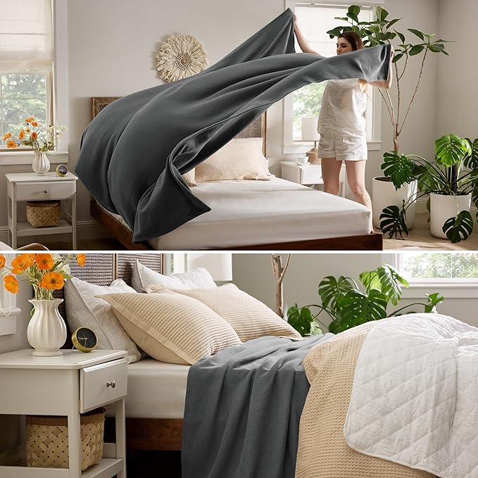 Bedsure 100% Cotton Large Blanket Oversized King for Bed 120x94 inches - Breathable Soft Cozy Herringbone Woven Blanket for Summer Spring, Couch Cover, Dark Grey