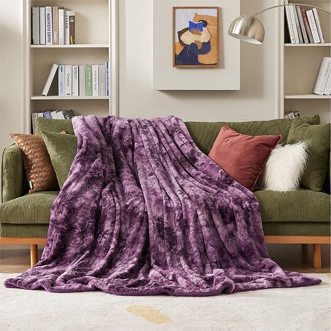 Bedsure Sherpa Blanket - Soft, Fuzzy & Fluffy Faux Fur - Warm, Cozy Throw Blanket for Couch, Sofa and Bed, Tie Dye Design, Purple, 50x60 Inches