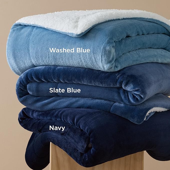 Bedsure Sherpa Fleece Throw Blanket Twin Size for Couch - Thick and Warm, Soft Fuzzy Plush Twin Blanket for Winter, Washed Blue, 60x80 Inches