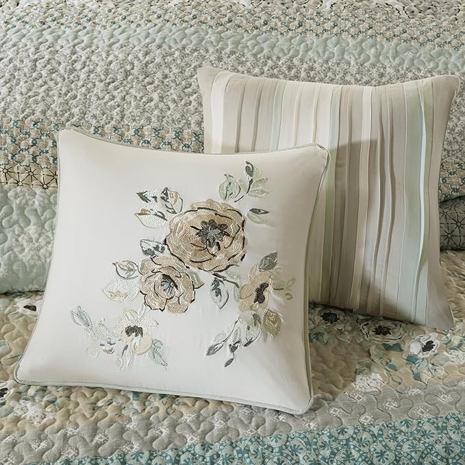 Madison Park 100% Cotton Quilt Set Floral Print, Double Sided Stitching, All Season, Lightweight Coverlet Shabby Chic Bedding Layer, Matching Shams, Full/Queen(90"x90"), Green Yellow 6 Piece
