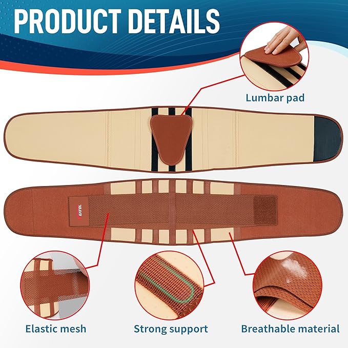 FEATOL Back Brace for Lower Back Pain, Breathable Back Support Belt for Women & Men with Lumbar Pad, Lumbar Support Belt for Heavy Lifting & Work, Scoliosis, Brown, 3XL (Circumference:54-63")