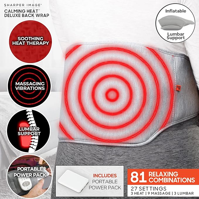 Calming Heat Back Wrap by Sharper Image- Cordless Electric Back Heating Pad, Inflatable Lumbar, Soothing Heat & Vibration- 27 Settings 3 Heat, 9 Vibration, 3 Lumbar Includes Portable Power Pack