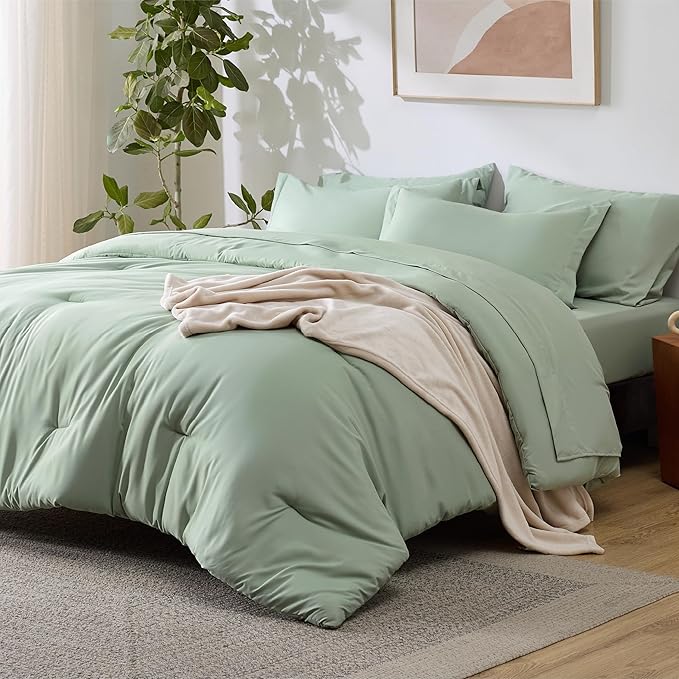 Bedsure King Comforter Set Sage Green, 8 Pieces Prewashed King Size Bed in a Bag with Soft Fleece Bed Blanket, Down Alternative Bedding Set for All Seasons, Sheets, Pillowcases & Shams