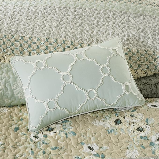 Madison Park 100% Cotton Quilt Set Floral Print, Double Sided Stitching, All Season, Lightweight Coverlet Shabby Chic Bedding Layer, Matching Shams, Full/Queen(90"x90"), Green Yellow 6 Piece