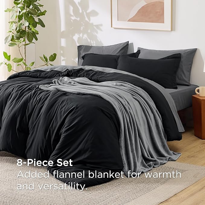 Bedsure Queen Comforter Set Black, 8 Pieces Prewashed Queen Size Bed in a Bag with Soft Fleece Bed Blanket, Down Alternative Bedding Set for All Seasons, Sheets, Pillowcases & Shams