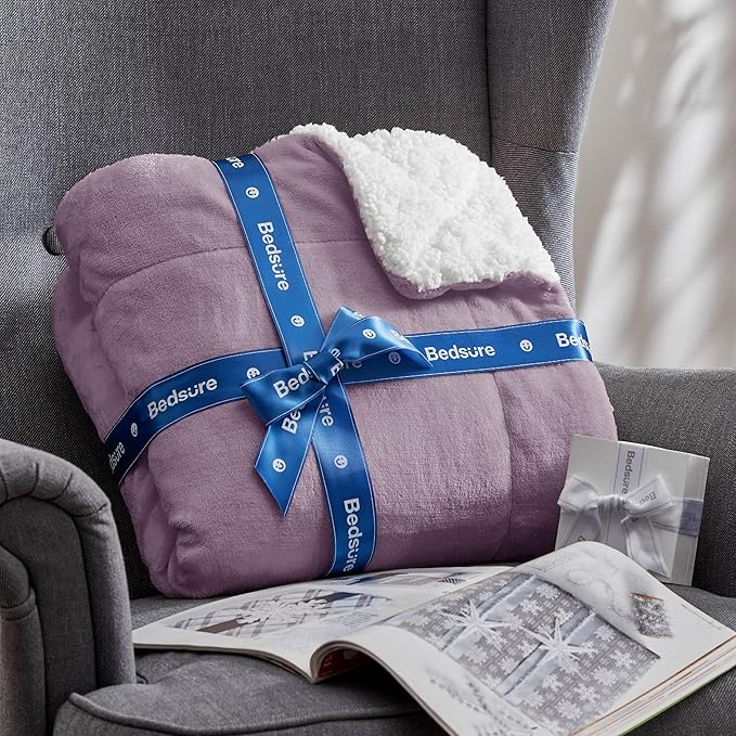 Bedsure Sherpa Fleece Throw Blanket for Couch - Thick and Warm, Soft Fuzzy Plush Throw Blanket for Winter, Sea Fog Purple, 50x60 Inches