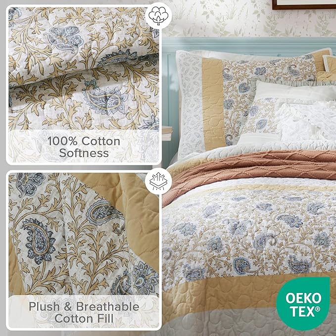 Madison Park 100% Cotton Quilt Set Floral Print, Double Sided Stitching, All Season, Lightweight Coverlet Shabby Chic Bedding Layer, Matching Shams, Full/Queen, Yellow 6 Piece