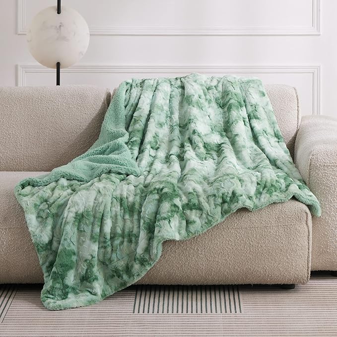 Bedsure Sherpa Blanket Twin Size - Soft, Fuzzy & Fluffy Faux Fur - Warm, Cozy Blanket for Couch, Sofa and Bed, Tie Dye Design, Sage Green, 60x80 Inches