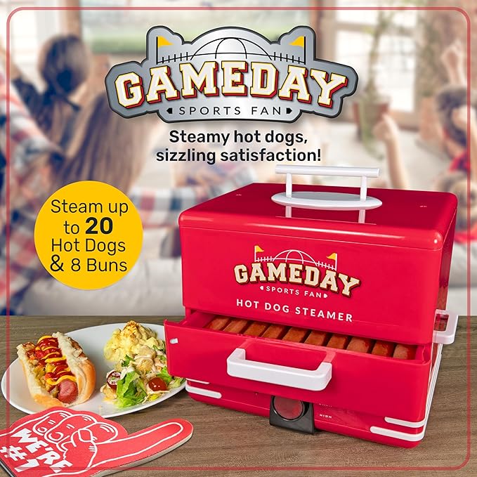 Nostalgia, Game Day Hot Dog Steamer and Bun Warmer, Fits 20 Dogs and 8 Buns, Steams Pot Stickers, Veggies, Potatoes, and Other Appetizers or Toppings