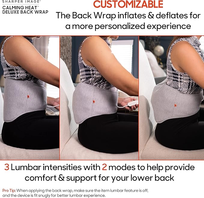 Calming Heat Back Wrap by Sharper Image- Cordless Electric Back Heating Pad, Inflatable Lumbar, Soothing Heat & Vibration- 27 Settings 3 Heat, 9 Vibration, 3 Lumbar Includes Portable Power Pack