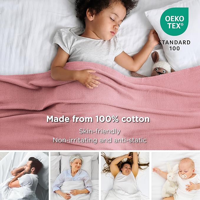 Bedsure 100% Cotton Blanket Twin XL Size for Bed - Breathable and Lightweight, Soft Cozy Textured Herringbone Woven Blanket for Summer Spring, Pink, 66x90 inches