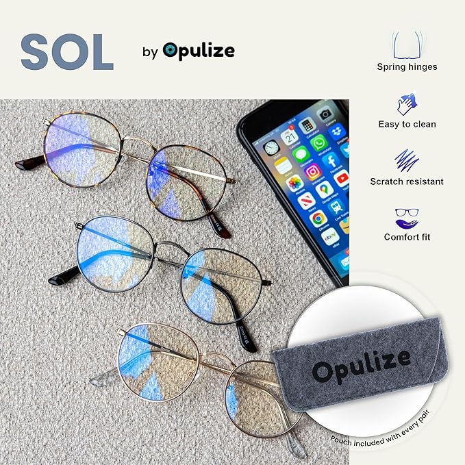 OPULIZE Sol Reading Glasses Blue Light Blocking 3 Pack Metal Anti Headache Glare Improve Sleep Computer Mens Womens BBB94
