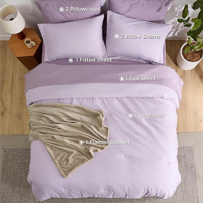 Bedsure Full Comforter Set Grayish Purple, 8 Pieces Prewashed Full Size Bed in a Bag with Soft Fleece Bed Blanket, Down Alternative Bedding Set for All Seasons, Sheets, Pillowcases & Shams