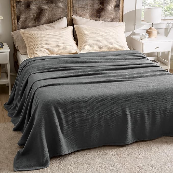 Bedsure 100% Cotton Large Blanket Oversized King for Bed 120x94 inches - Breathable Soft Cozy Herringbone Woven Blanket for Summer Spring, Couch Cover, Dark Grey
