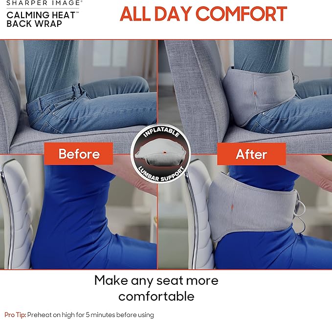 Calming Heat Back Wrap by Sharper Image- Cordless Electric Back Heating Pad, Inflatable Lumbar, Soothing Heat & Vibrations- 9 Settings 3 Heat, 3 Vibration, 3 Lumbar Includes Portable Power Pack