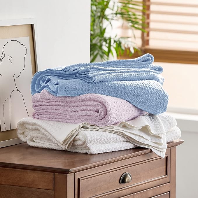 Bedsure 100% Cotton Blanket Queen Size for Bed - Breathable and Soft, Waffle Weave Blanket for Summer Spring, Sky Blue, 90x90 Inches