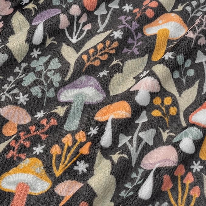 Berkshire Blanket-Classic Heavyweight Warm Soft Printed VelvetLoft® Plush Blanket, King Size Soft Fuzzy Blanket for Couch Sofa Bed, Mushroom Cutie Charcoal, 90in x 108in