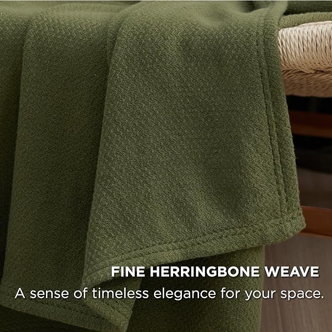 Bedsure 100% Cotton Blanket Queen Size for Bed - Breathable and Lightweight, Soft Cozy Textured Herringbone Woven Blanket for Summer Spring, Olive Green, 90x90 inches