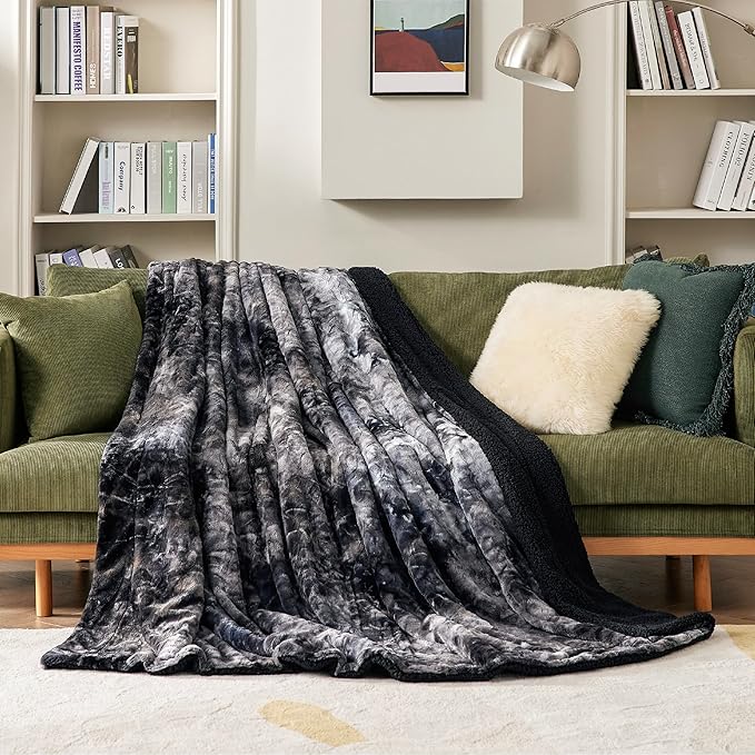Bedsure Sherpa Blanket Twin Size - Soft, Fuzzy & Fluffy Faux Fur - Warm, Cozy Blanket for Couch, Sofa and Bed, Tie Dye Design, Black, 60x80 Inches