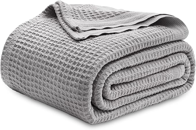 Bedsure 100% Cotton Blanket Queen Size for Bed - Breathable and Soft, Waffle Weave Blanket for Summer Spring, Grey, 90x90 Inches