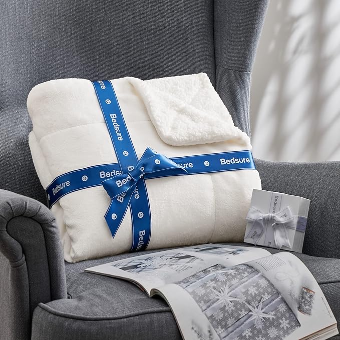 Bedsure Sherpa Fleece Throw Blanket for Couch - Thick and Warm, Soft Fuzzy Plush Throw Blanket for Winter, White, 50x60 Inches