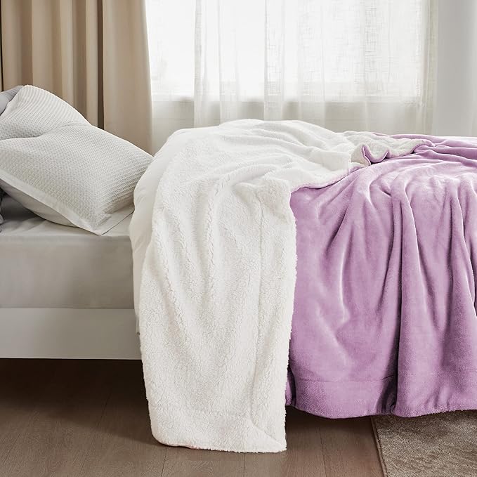 Bedsure Sherpa Fleece Blankets Queen Size for Bed - Thick and Warm, Soft Fuzzy Plush Queen Blanket for Winter, Lilac, 90x90 Inches