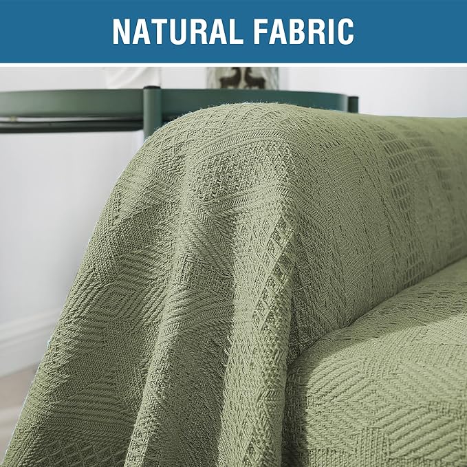 H.VERSAILTEX Cotton Sofa Covers Couch Cover Sofa Slipcover for Most Shape Sofas, Feature Thick Woven Jacquard Seamless with Tassels, Multi-Use Decorative for Couch (Medium: 71" x 91", Sage)