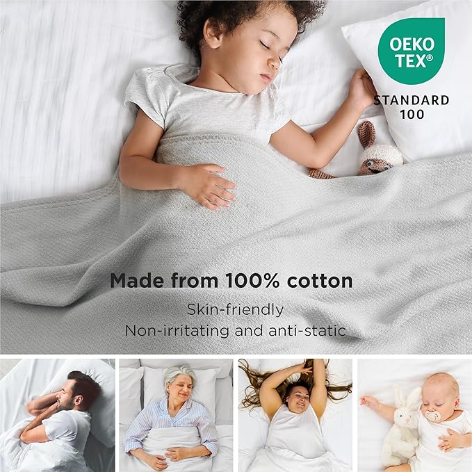 Bedsure 100% Cotton Blanket Queen Size for Bed - Breathable and Lightweight, Soft Cozy Textured Herringbone Woven Blanket for Summer Spring, Grey, 90x90 inches
