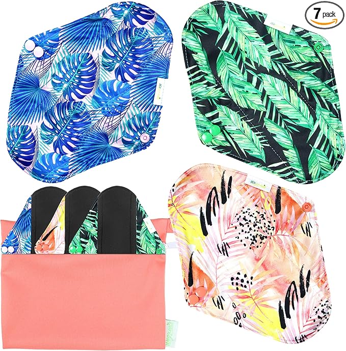 wegreeco Charcoal Reusable Menstrual Pads - Reusable Sanitary Pads | Reusable Panty Liners | Soft Cloth Menstrual Pads - 6 Pack with 1 Cloth Mini Wet Bag (Small, Leaves)