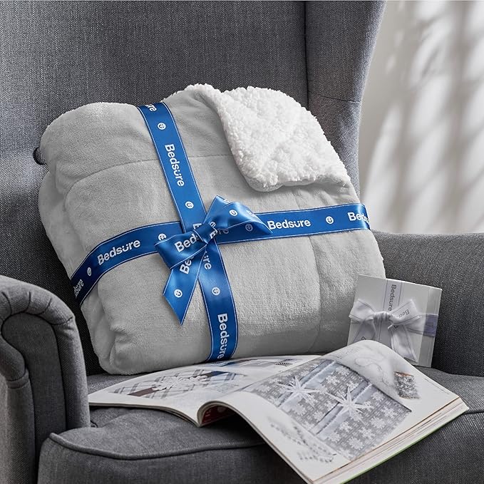 Bedsure Sherpa Fleece Throw Blanket for Couch - Thick and Warm, Soft Fuzzy Plush Throw Blanket for Winter, Light Grey, 50x60 Inches