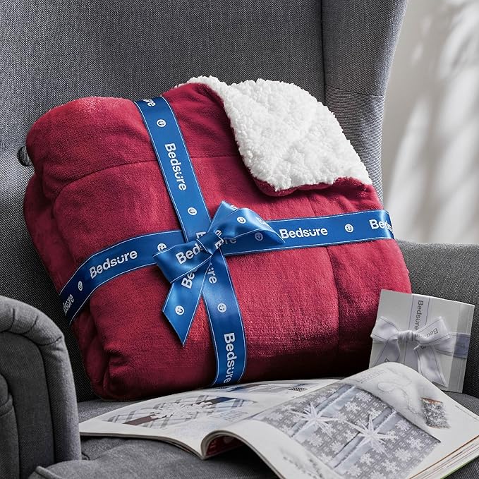 Bedsure Sherpa Fleece Blankets Queen Size for Bed - Thick and Warm, Soft Fuzzy Plush Queen Blanket for Winter, Red, 90x90 Inches