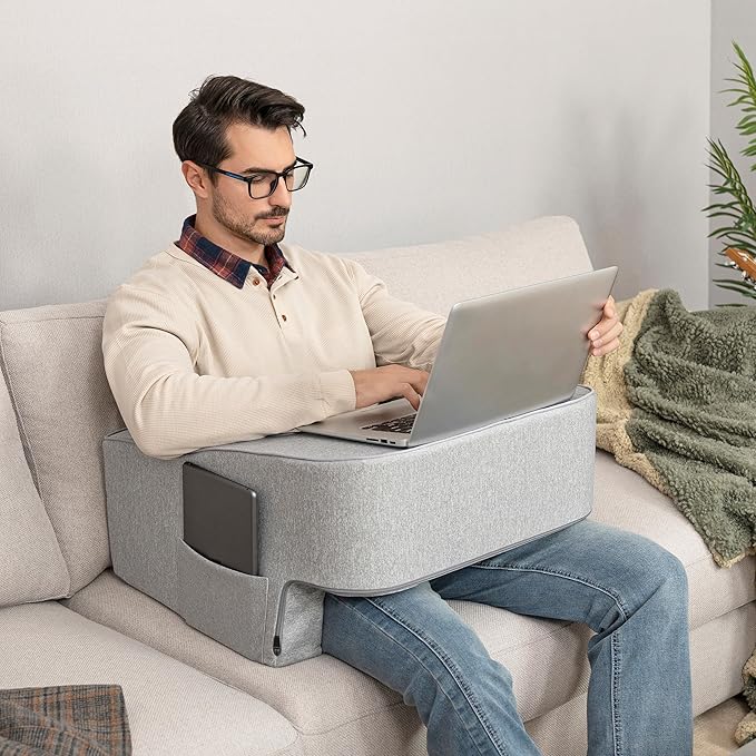 Lavish Home Multipurpose Memory Foam Desk Pillow - Lap Desk Pillow with Arm Rests, Storage Pockets, and Removable Washable Cover - Laptop Pillow for Reading, Gaming, Studying, and Working (Gray)