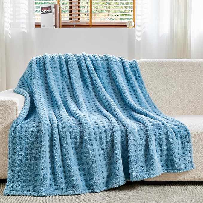 NEWCOSPLAY Super Soft Queen Blanket Blue Premium Silky Flannel Fleece 3D Waffle Checkered Lightweight Bed Blanket All Season Use (Blue, Queen(90"x90"))