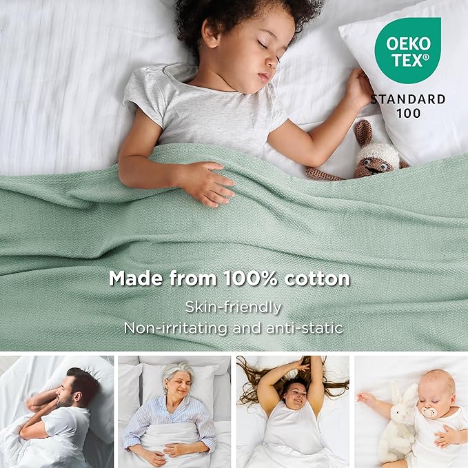 Bedsure 100% Cotton Blanket Twin XL Size for Bed - Breathable and Lightweight, Soft Cozy Textured Herringbone Woven Blanket for Summer Spring, Sage Green, 66x90 inches
