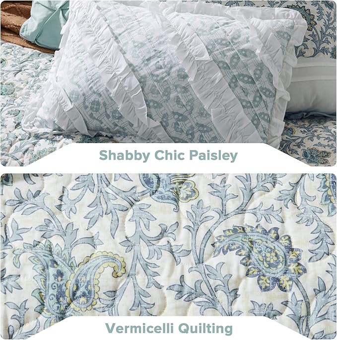 Madison Park 100% Cotton Quilt Set Floral Print, Double Sided Stitching, All Season, Lightweight Coverlet Shabby Chic Bedding Layer, Matching Shams, King/Cal King, Light Teal 6 Piece , Aqua