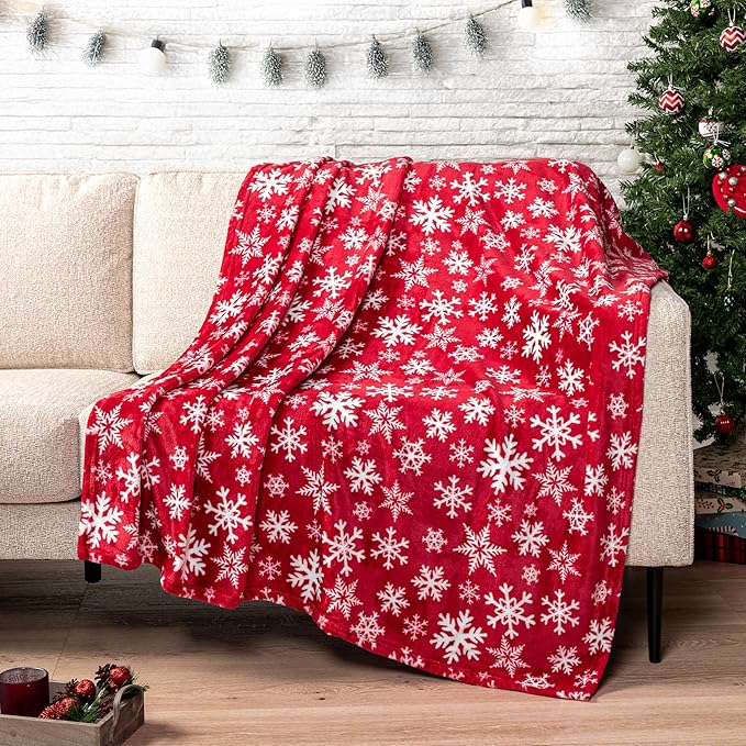 PAVILIA Christmas Throw Blanket | Red Snowflake Christmas Fleece Blanket | Soft, Plush, Warm Winter Cabin Throw, Twin 60x80 (Red/White Snowflake)
