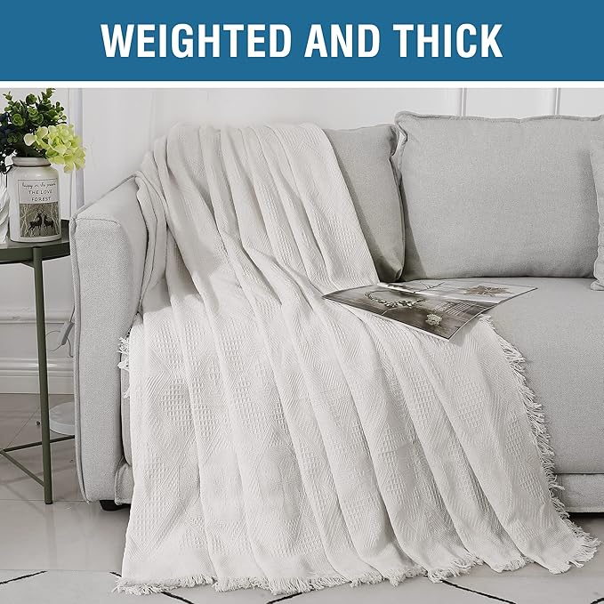 H.VERSAILTEX Cotton Sofa Covers Couch Cover Sofa Slipcover for Most Shape Sofas, Feature Thick Woven Jacquard Seamless with Tassels, Multi-Use Decorative for Couch (XX-Large: 91" x 134", White)