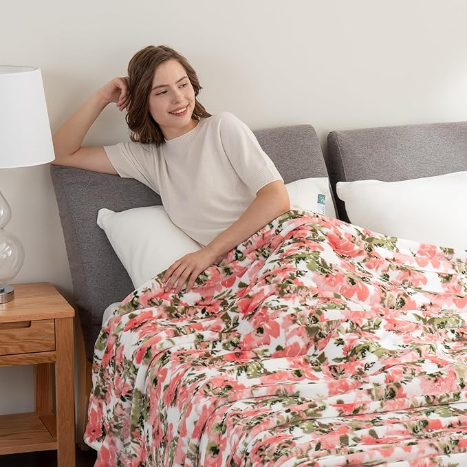 Berkshire Blanket-Classic Heavyweight Soft Printed VelvetLoft® Plush Warm Blanket, Twin Size Soft Fuzzy Blanket for Couch Sofa Bed, Abstraction Pink Green, 60in x 90in
