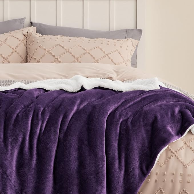 Bedsure Sherpa Fleece Blankets Queen Size for Bed - Thick and Warm, Soft Fuzzy Plush Queen Blanket for Winter, Purple, 90x90 Inches