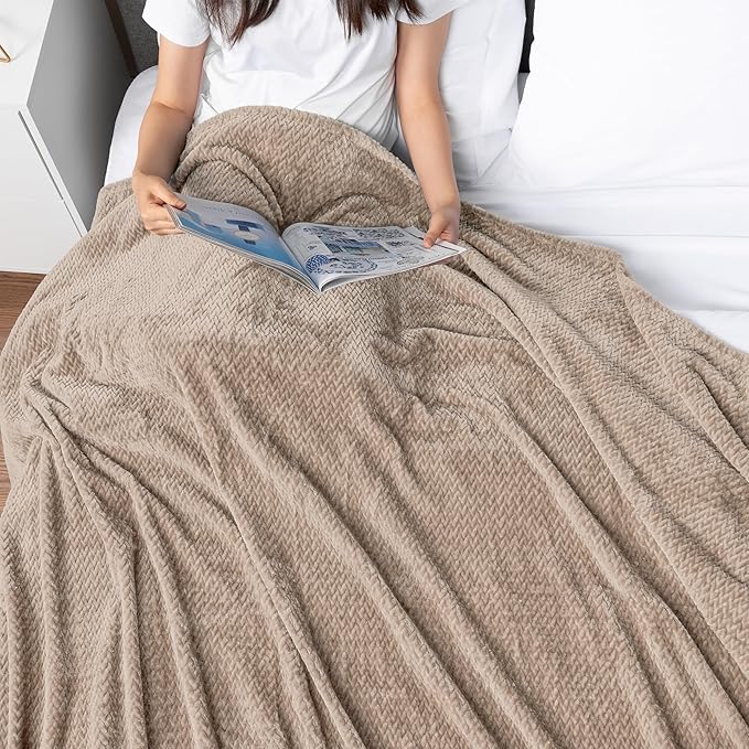 PAVILIA Soft Fleece Taupe Tan Throw Blanket for Couch, Lightweight Plush Warm Blankets for Bed, Fuzzy Cozy Flannel Blanket Throw for Sofa, Travel, Jacquard Pattern, Taupe/Camel, Twin, 60x80 inch