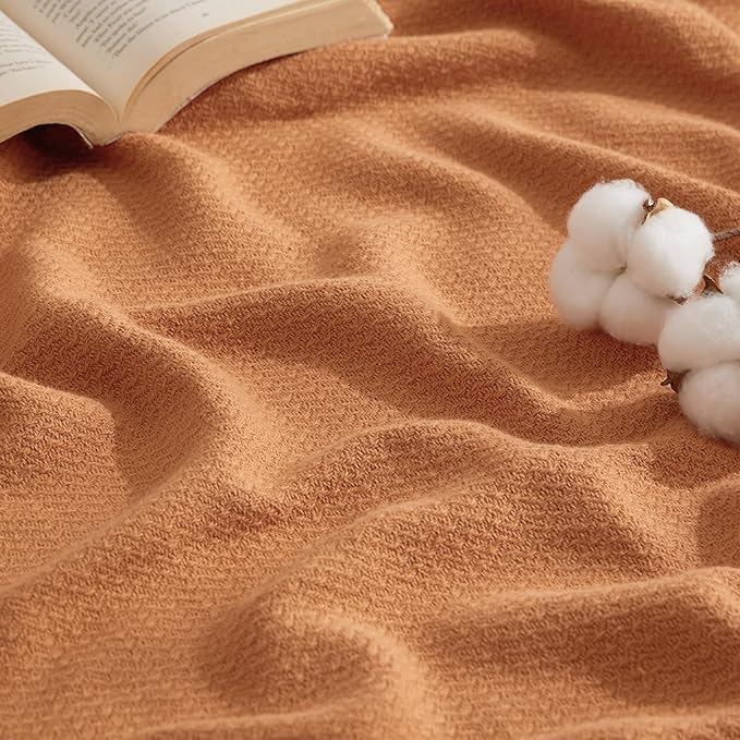 Bedsure 100% Cotton Large Throw Blanket for Couch 50x70 inches - Breathable and Lightweight, Soft Cozy Herringbone Woven Blanket for Summer Spring, Burnt Orange