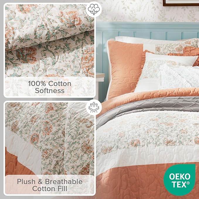 Madison Park 100% Cotton Quilt Set Floral Print, Double Sided Stitching, All Season, Lightweight Coverlet Shabby Chic Bedding Layer, Matching Shams, King/Cal King, Coral 6 Piece