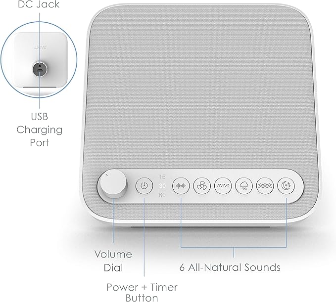 Pure Enrichment Wave Premium Sleep Sound Machine with USB Charger - Seamless Looping with 6 Soothing All-Natural Sounds, & Auto-Off Timer - Easily Portable for Travel (White) Patented Design