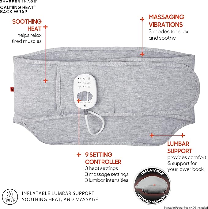 Calming Heat Back Wrap by Sharper Image- Electric Back Heating Pad with Customizable Inflatable Lumbar Support, Soothing Heat, & Massaging Vibrations- 9 Settings 3 Heat, 3 Vibration, 3 Lumbar