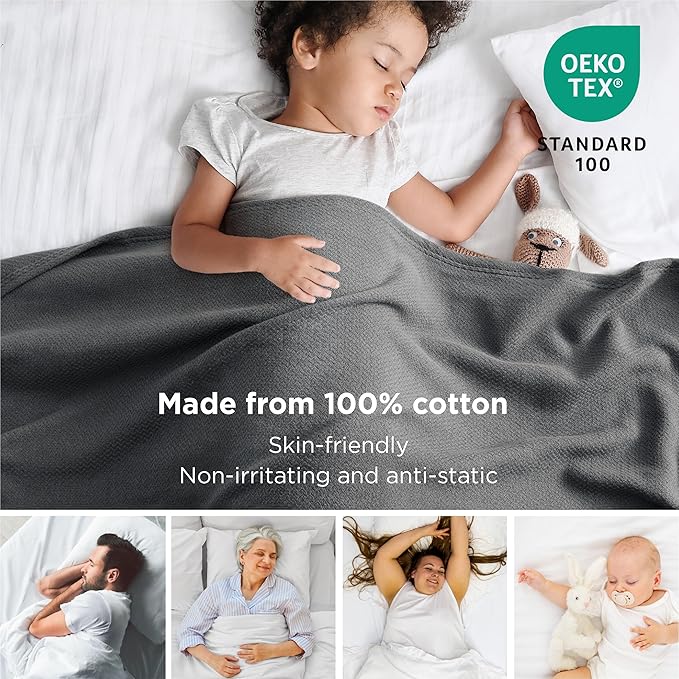 Bedsure 100% Cotton Blanket King Size for Bed - Breathable and Lightweight, Soft Cozy Textured Herringbone Woven Blanket for Summer Spring, Dark Grey, 108x90 inches